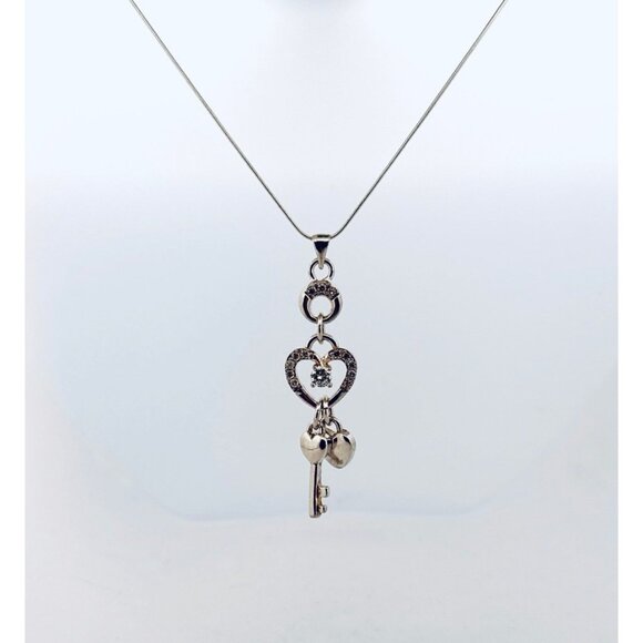 Designer Jewelry - Sterling Silver 925 Heart Key Pendant Necklace with Sparkling Stones 18"